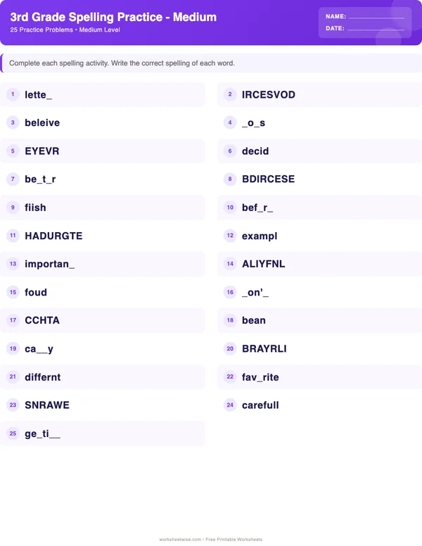 3rd Grade Spelling Words Worksheets - Space Theme (Medium)