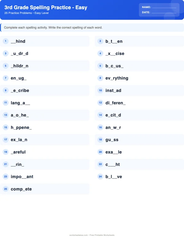 3rd Grade Spelling Words Worksheets - Standard Theme (Easy)