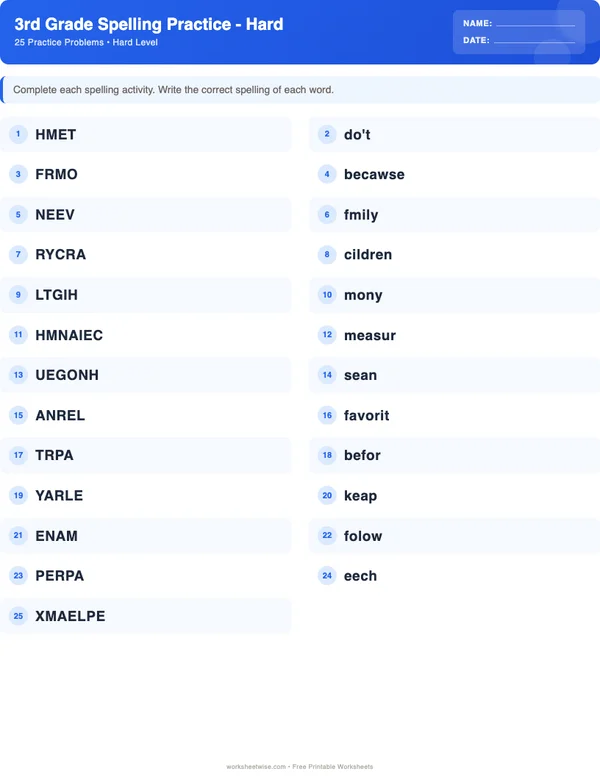 3rd Grade Spelling Words Worksheets - Standard Theme (Hard)