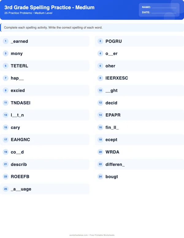 3rd Grade Spelling Words Worksheets - Standard Theme (Medium)