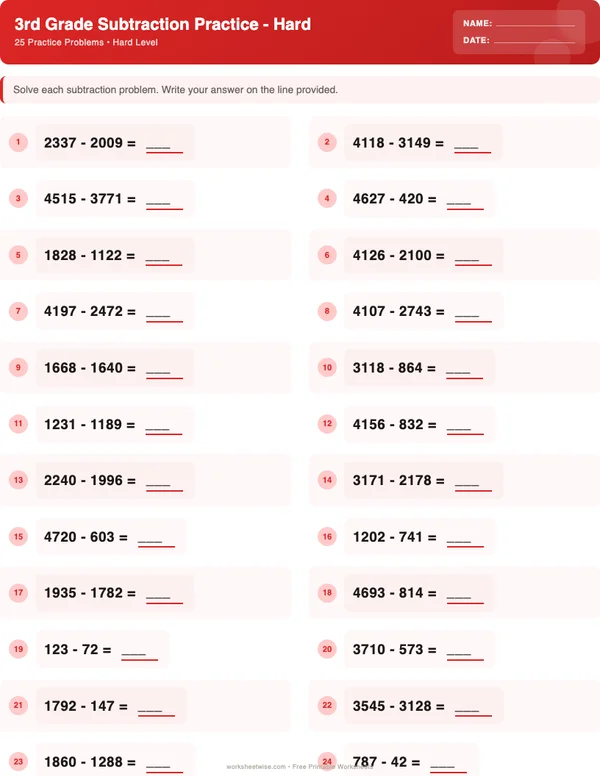 3rd Grade Subtraction Worksheets - Christmas Theme (Hard)