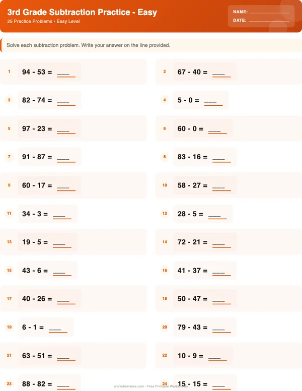 3rd Grade Subtraction Worksheets - Halloween Theme (Easy)