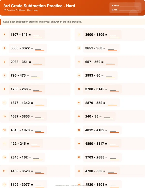 3rd Grade Subtraction Worksheets - Halloween Theme (Hard)