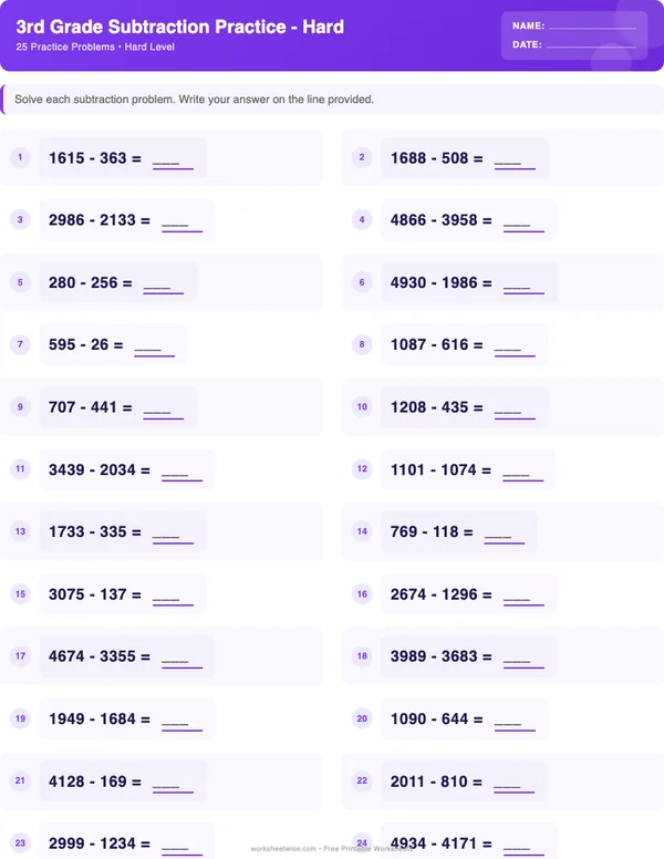 3rd Grade Subtraction Worksheets - Space Theme (Hard)