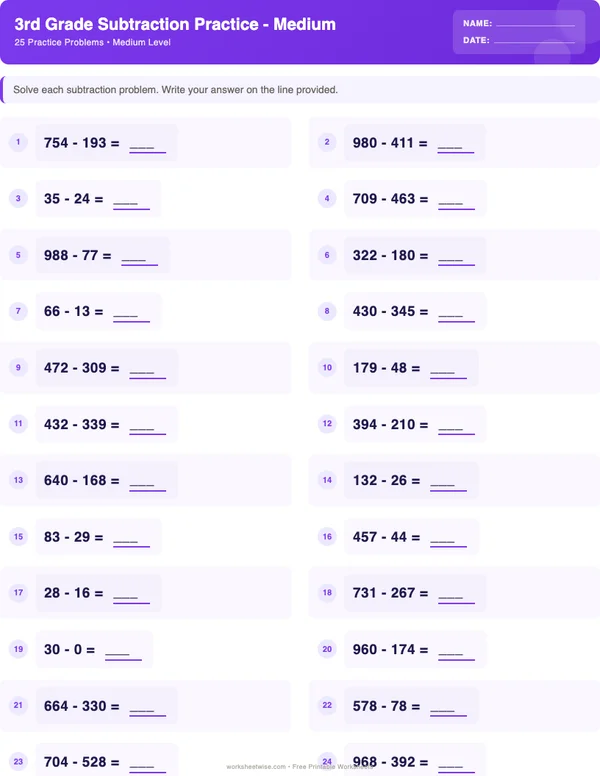 3rd Grade Subtraction Worksheets - Space Theme (Medium)