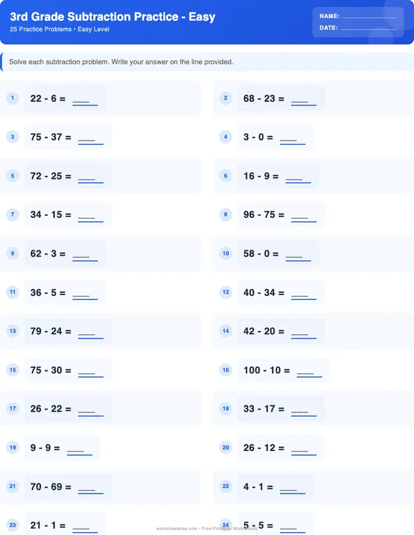 3rd Grade Subtraction Worksheets - Standard Theme (Easy)