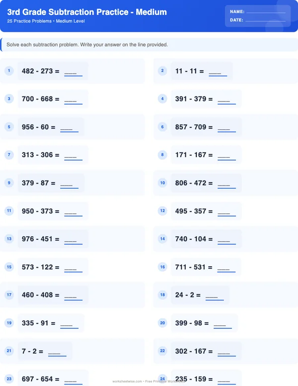 3rd Grade Subtraction Worksheets - Standard Theme (Medium)