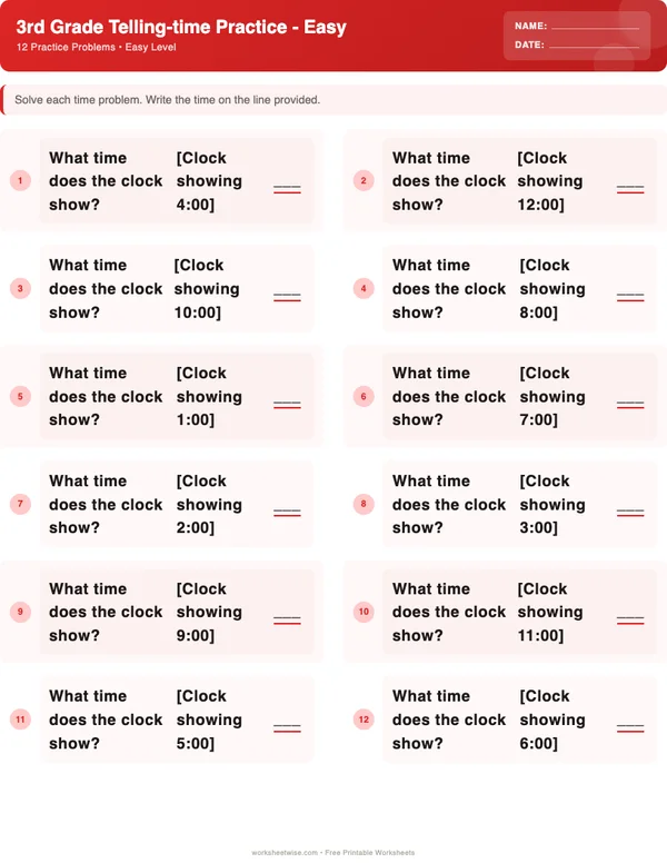 3rd Grade Telling Time Worksheets - Christmas Theme (Easy)