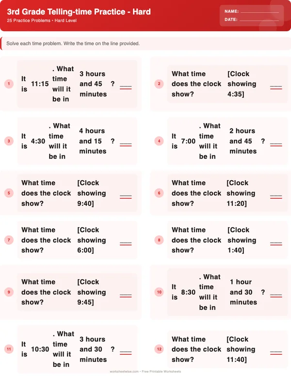 3rd Grade Telling Time Worksheets - Christmas Theme (Hard)