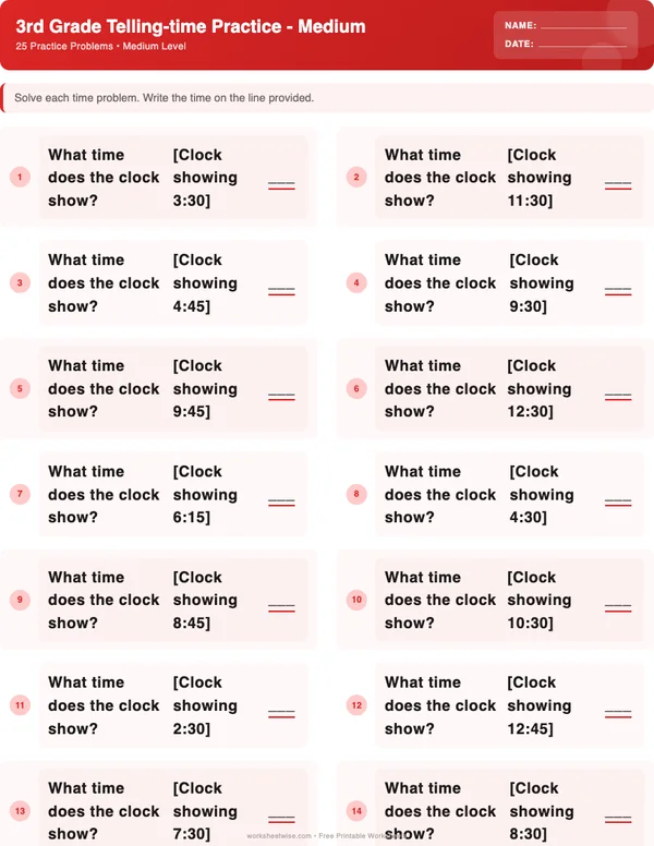3rd Grade Telling Time Worksheets - Christmas Theme (Medium)