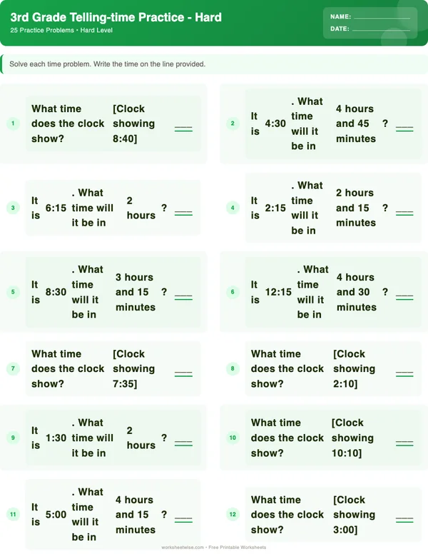 3rd Grade Telling Time Worksheets - Dinosaur Theme (Hard)