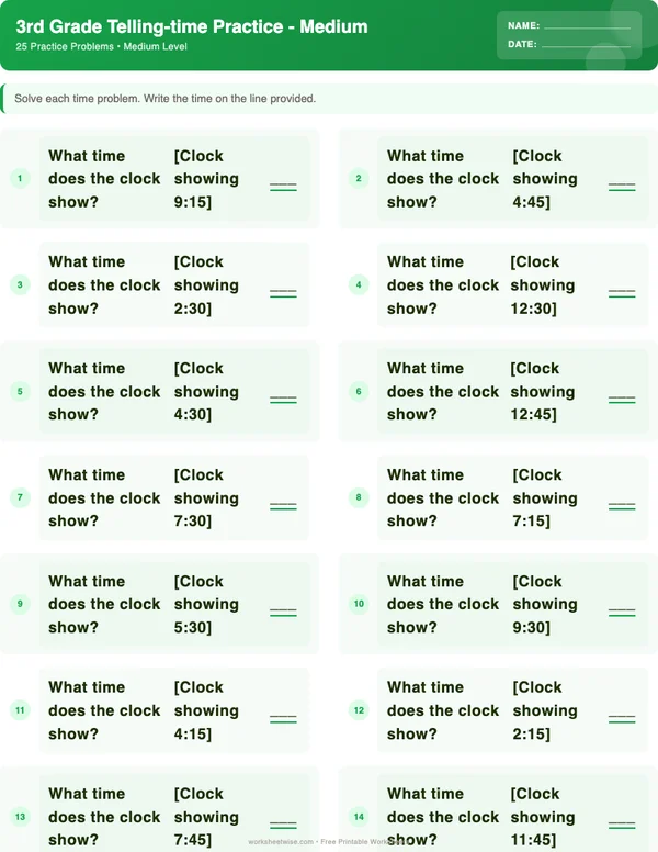 3rd Grade Telling Time Worksheets - Dinosaur Theme (Medium)