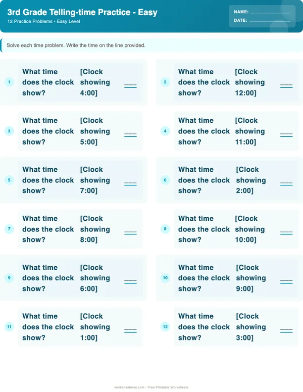 3rd Grade Telling Time Worksheets - Ocean Theme (Easy)