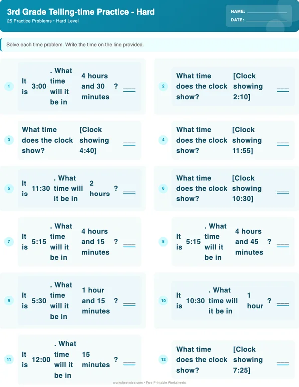 3rd Grade Telling Time Worksheets - Ocean Theme (Hard)