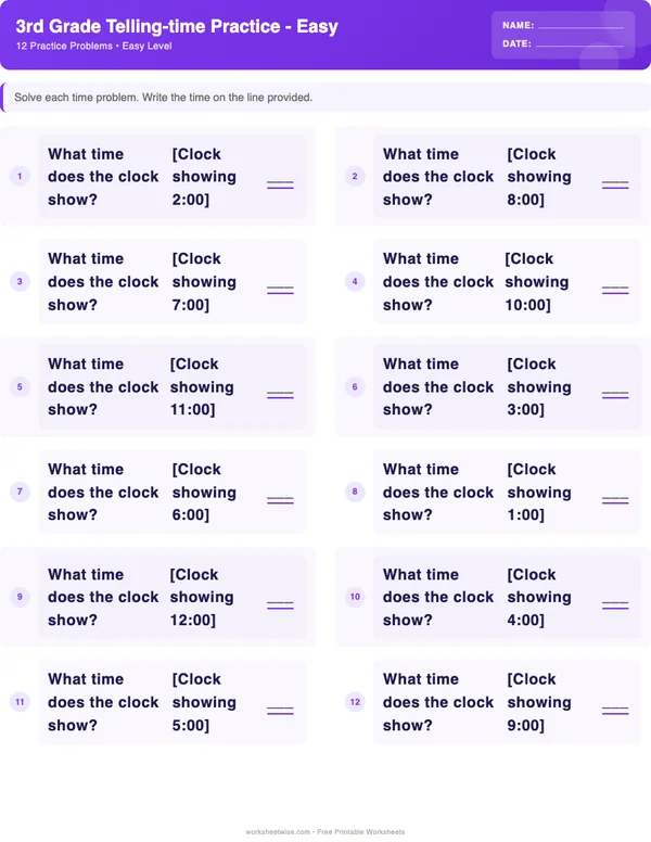 3rd Grade Telling Time Worksheets - Space Theme (Easy)
