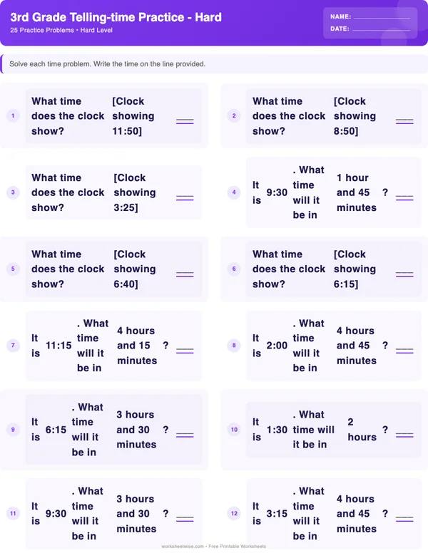 3rd Grade Telling Time Worksheets - Space Theme (Hard)