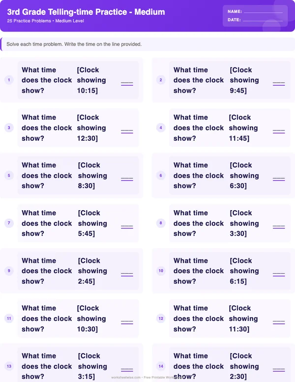3rd Grade Telling Time Worksheets - Space Theme (Medium)
