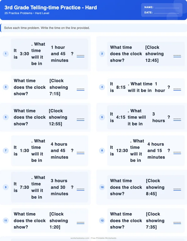 3rd Grade Telling Time Worksheets - Standard Theme (Hard)