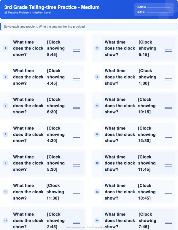 3rd Grade Telling Time Worksheets - Standard Theme (Medium)