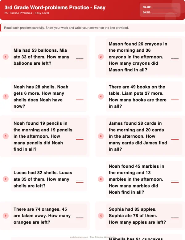3rd Grade Word Problems Worksheets - Christmas Theme (Easy)