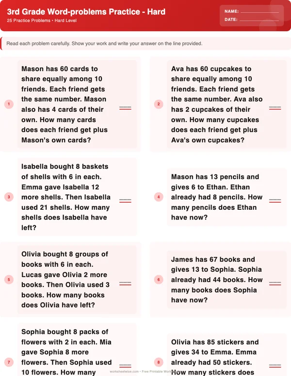 3rd Grade Word Problems Worksheets - Christmas Theme (Hard)