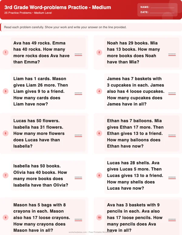 3rd Grade Word Problems Worksheets - Christmas Theme (Medium)