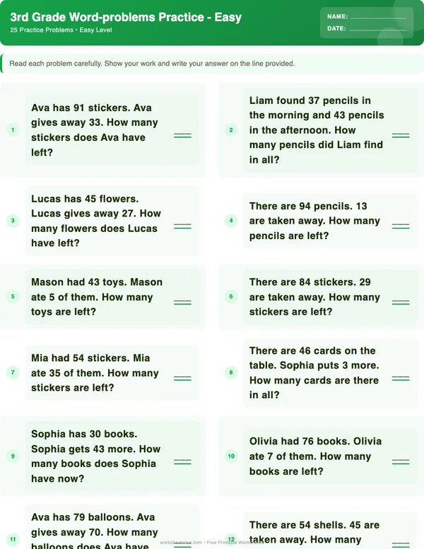 3rd Grade Word Problems Worksheets - Dinosaur Theme (Easy)