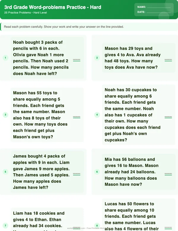 3rd Grade Word Problems Worksheets - Dinosaur Theme (Hard)