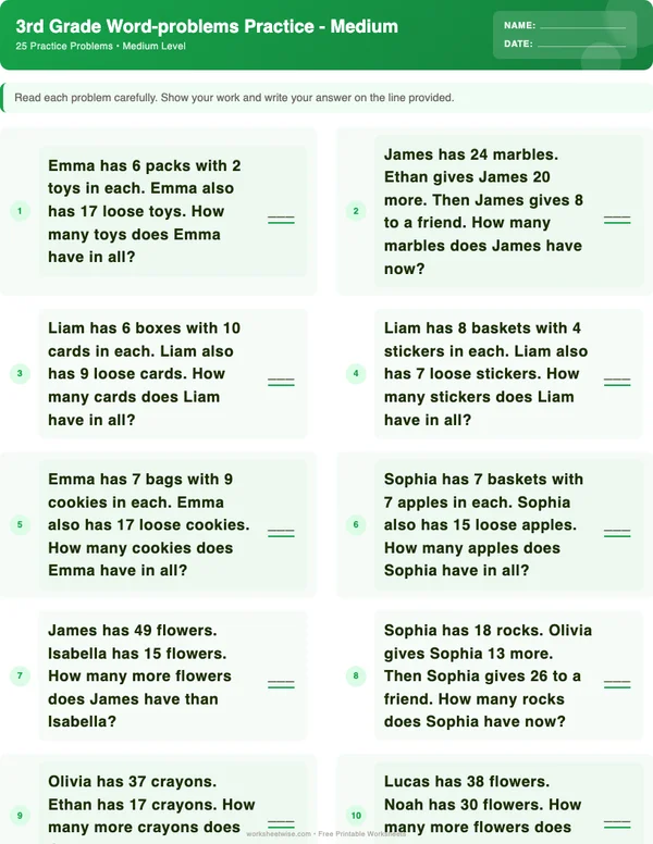 3rd Grade Word Problems Worksheets - Dinosaur Theme (Medium)