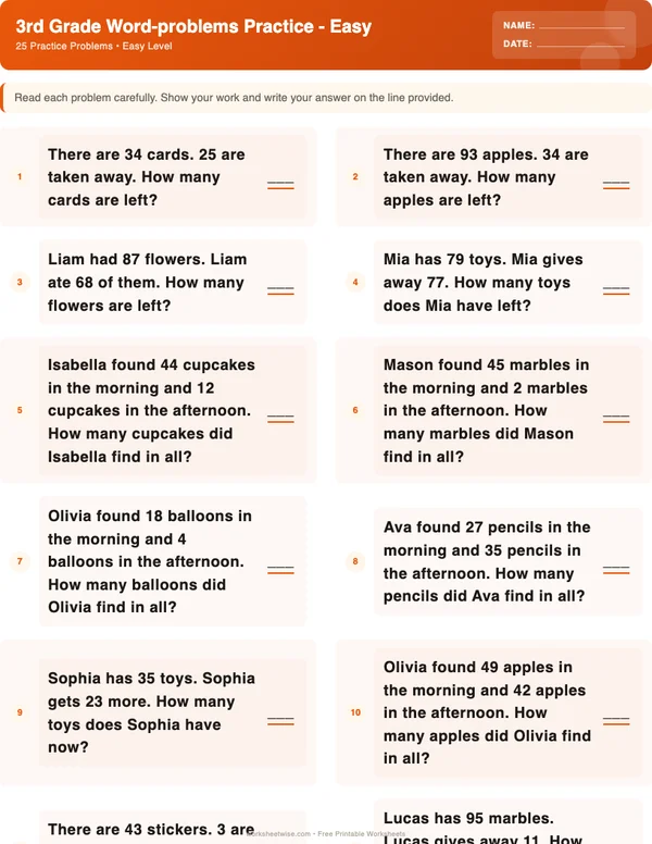 3rd Grade Word Problems Worksheets - Halloween Theme (Easy)