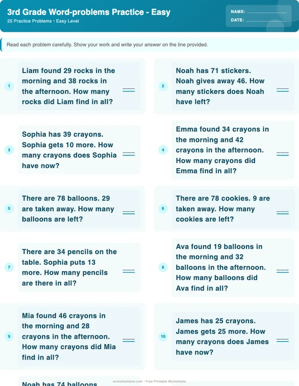 3rd Grade Word Problems Worksheets - Ocean Theme (Easy)