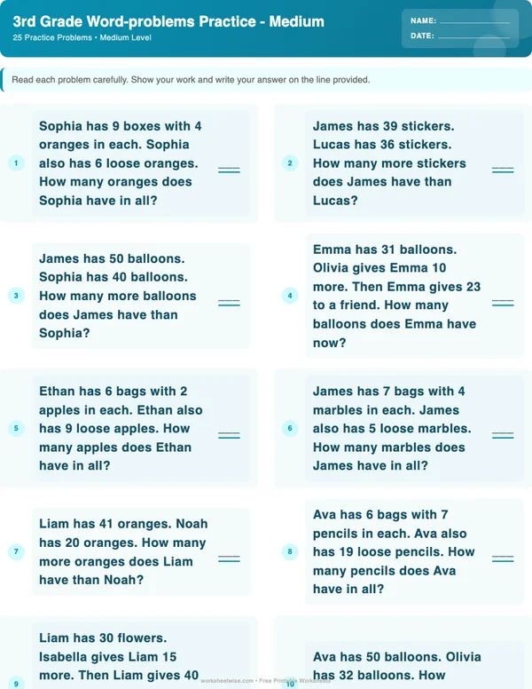 3rd Grade Word Problems Worksheets - Ocean Theme (Medium)