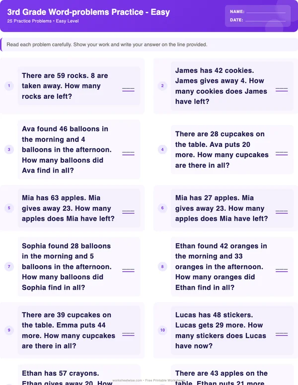 3rd Grade Word Problems Worksheets - Space Theme (Easy)