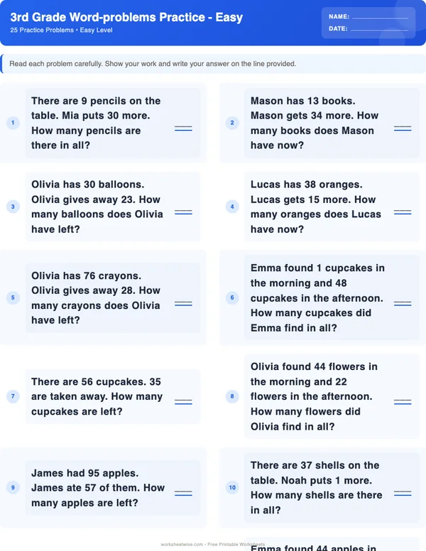 3rd Grade Word Problems Worksheets - Standard Theme (Easy)