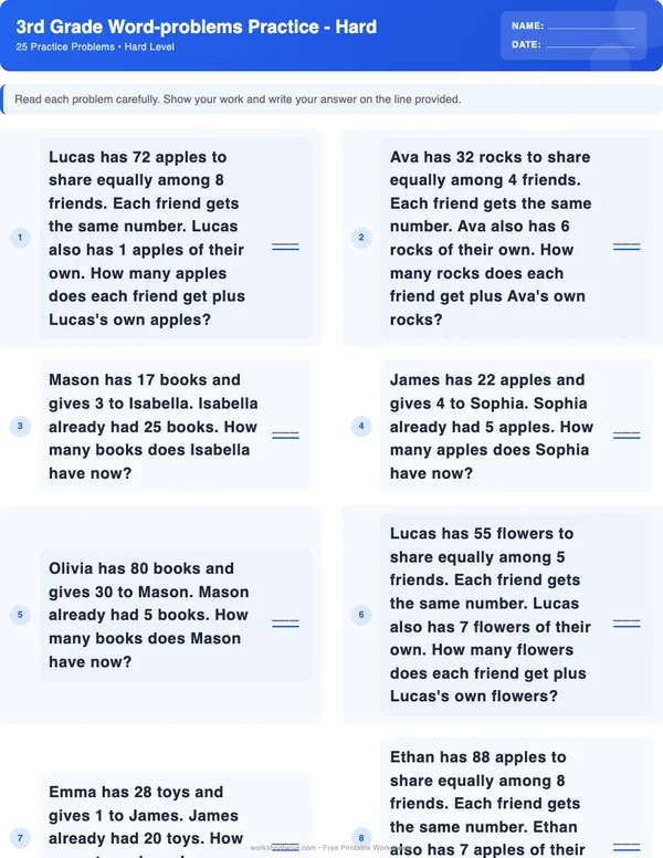 3rd Grade Word Problems Worksheets - Standard Theme (Hard)