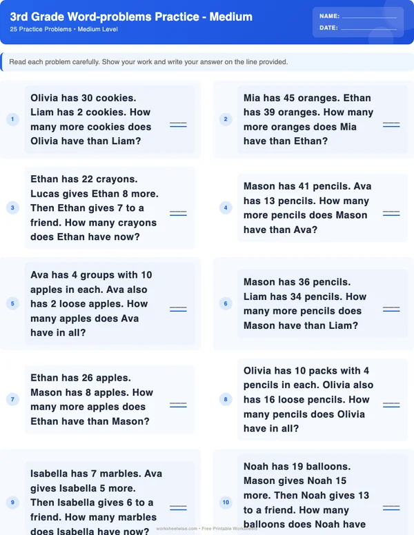 3rd Grade Word Problems Worksheets - Standard Theme (Medium)