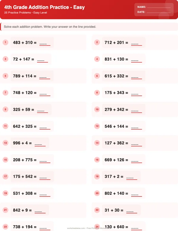 4th Grade Addition Worksheets - Christmas Theme (Easy)