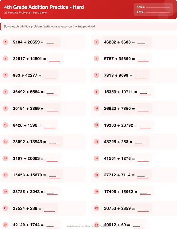 4th Grade Addition Worksheets - Christmas Theme (Hard)