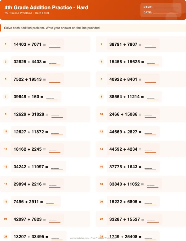 4th Grade Addition Worksheets - Halloween Theme (Hard)