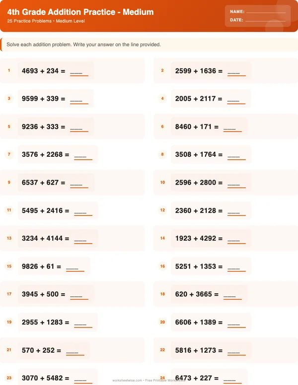 4th Grade Addition Worksheets - Halloween Theme (Medium)