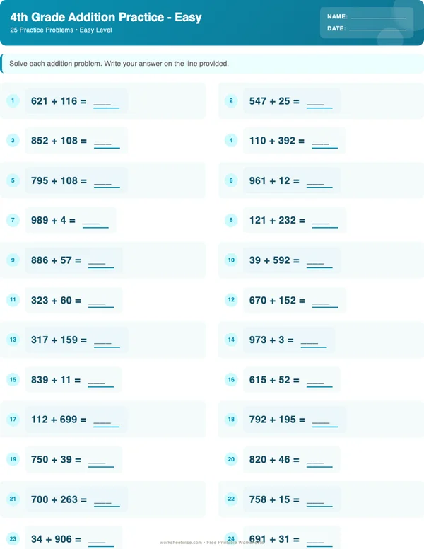 4th Grade Addition Worksheets - Ocean Theme (Easy)