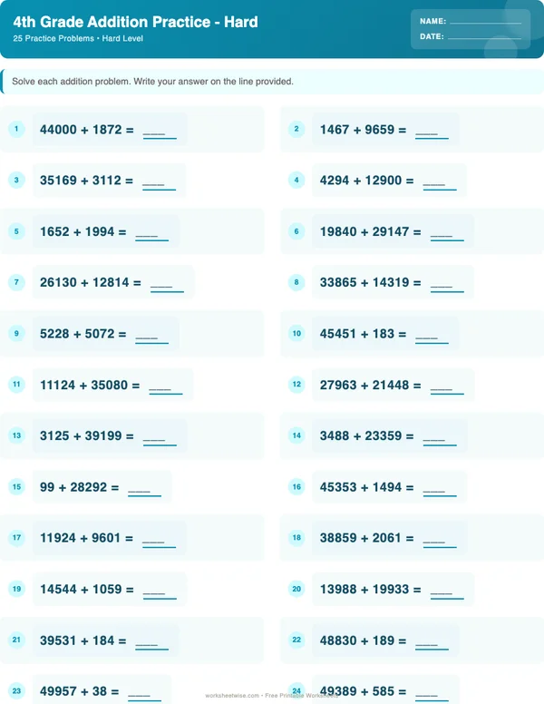 4th Grade Addition Worksheets - Ocean Theme (Hard)