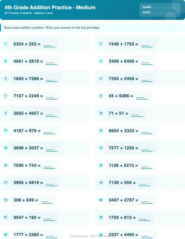 4th Grade Addition Worksheets - Ocean Theme (Medium)