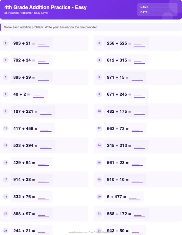 4th Grade Addition Worksheets - Space Theme (Easy)