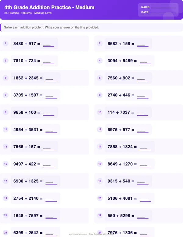 4th Grade Addition Worksheets - Space Theme (Medium)