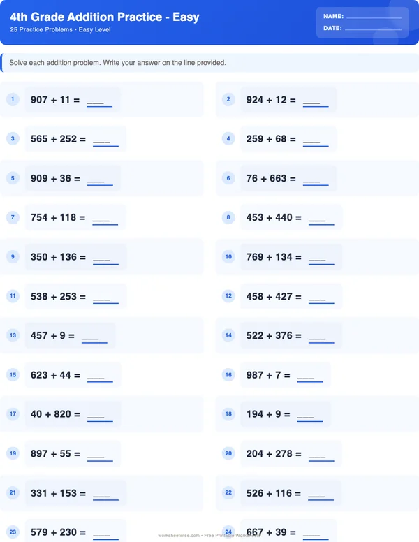 4th Grade Addition Worksheets - Standard Theme (Easy)
