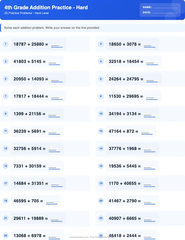 4th Grade Addition Worksheets - Standard Theme (Hard)