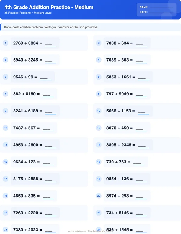 4th Grade Addition Worksheets - Standard Theme (Medium)