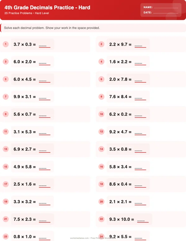 4th Grade Decimals Worksheets - Christmas Theme (Hard)