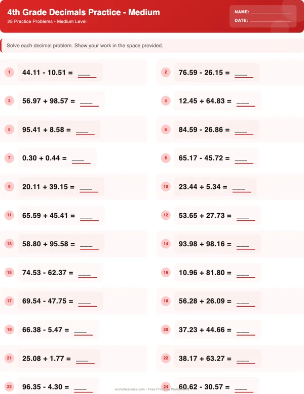 4th Grade Decimals Worksheets - Christmas Theme (Medium)
